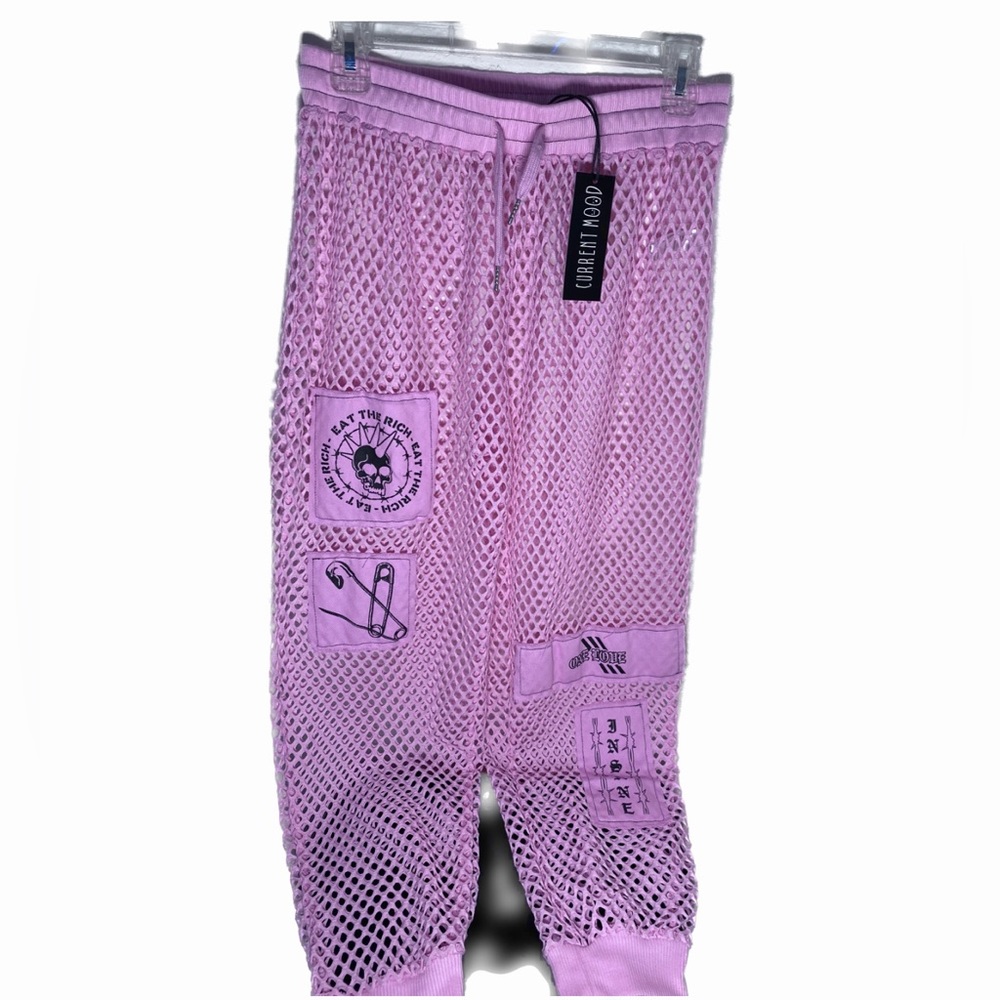 NWT Dolls Kill - Current Mood | Pink Fishnet Patched Jogger Pants